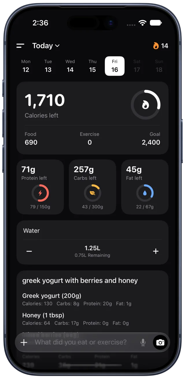 The Calbook diary for today: calories left, protein, carbs and fat rings, water, and a logged breakfast.