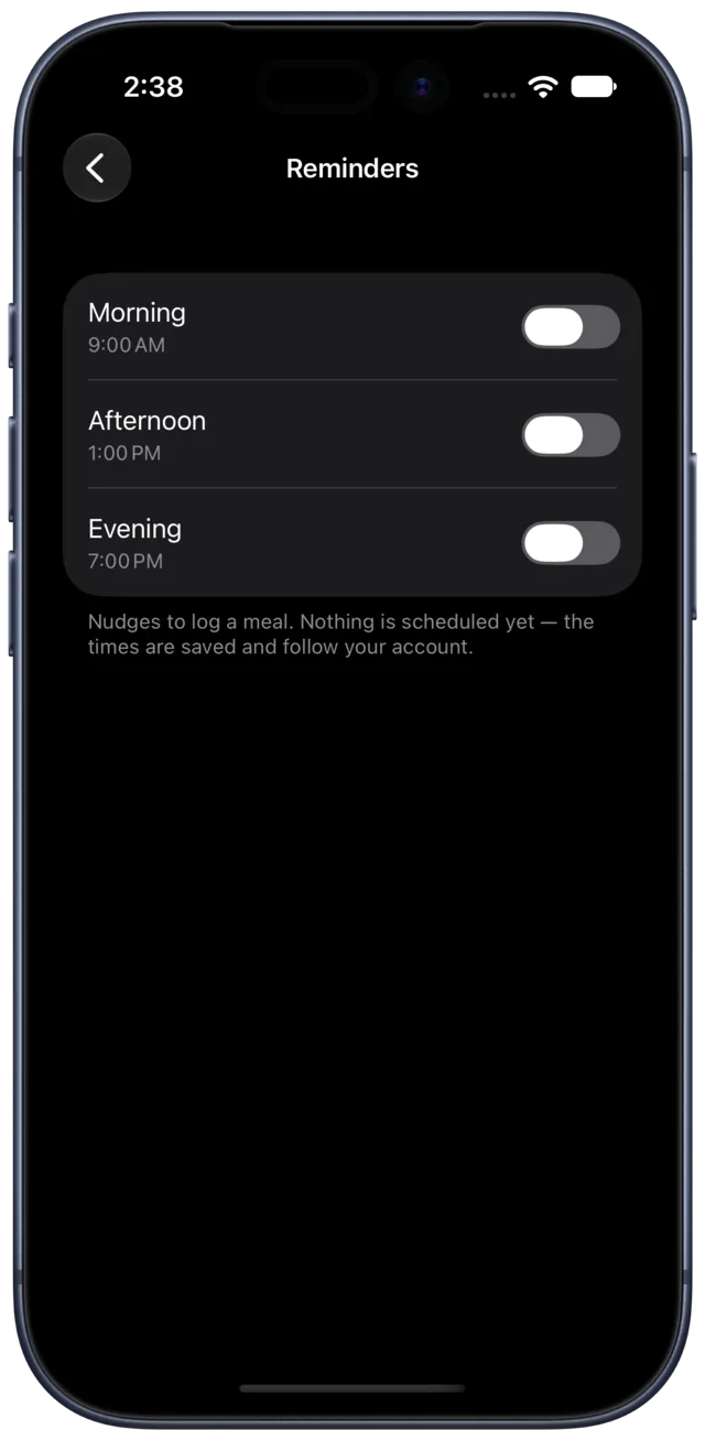 Calbook's reminders screen with morning, afternoon and evening toggles.
